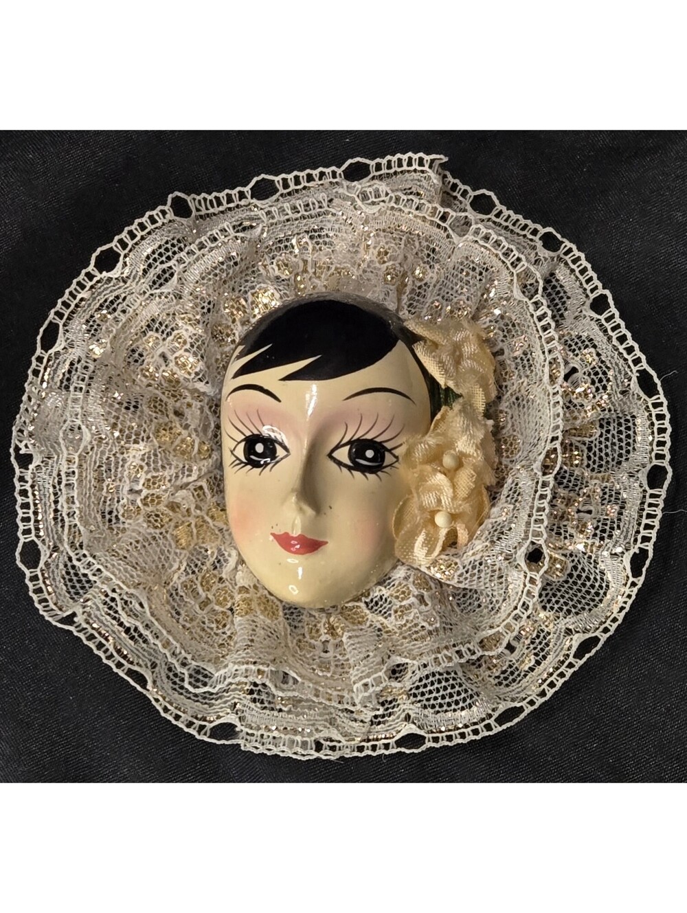 Vintage Porcelain Lady Face Brooch Pin Lace Victorian Style 4" Hand Painted